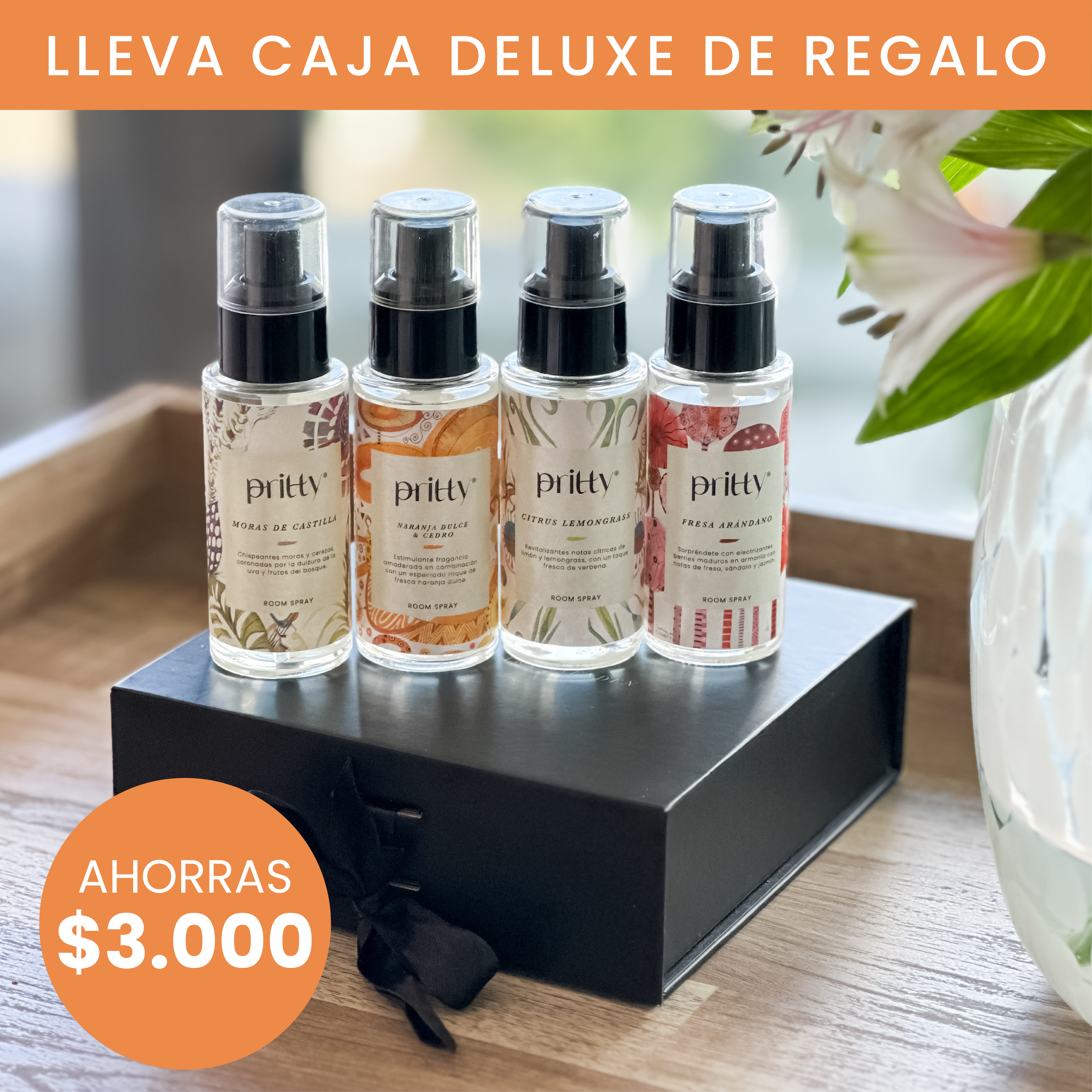 Set 4 Mini Room Spray Moras-Naranja-Citrus-Fresa con caja deluxe de REGALO!