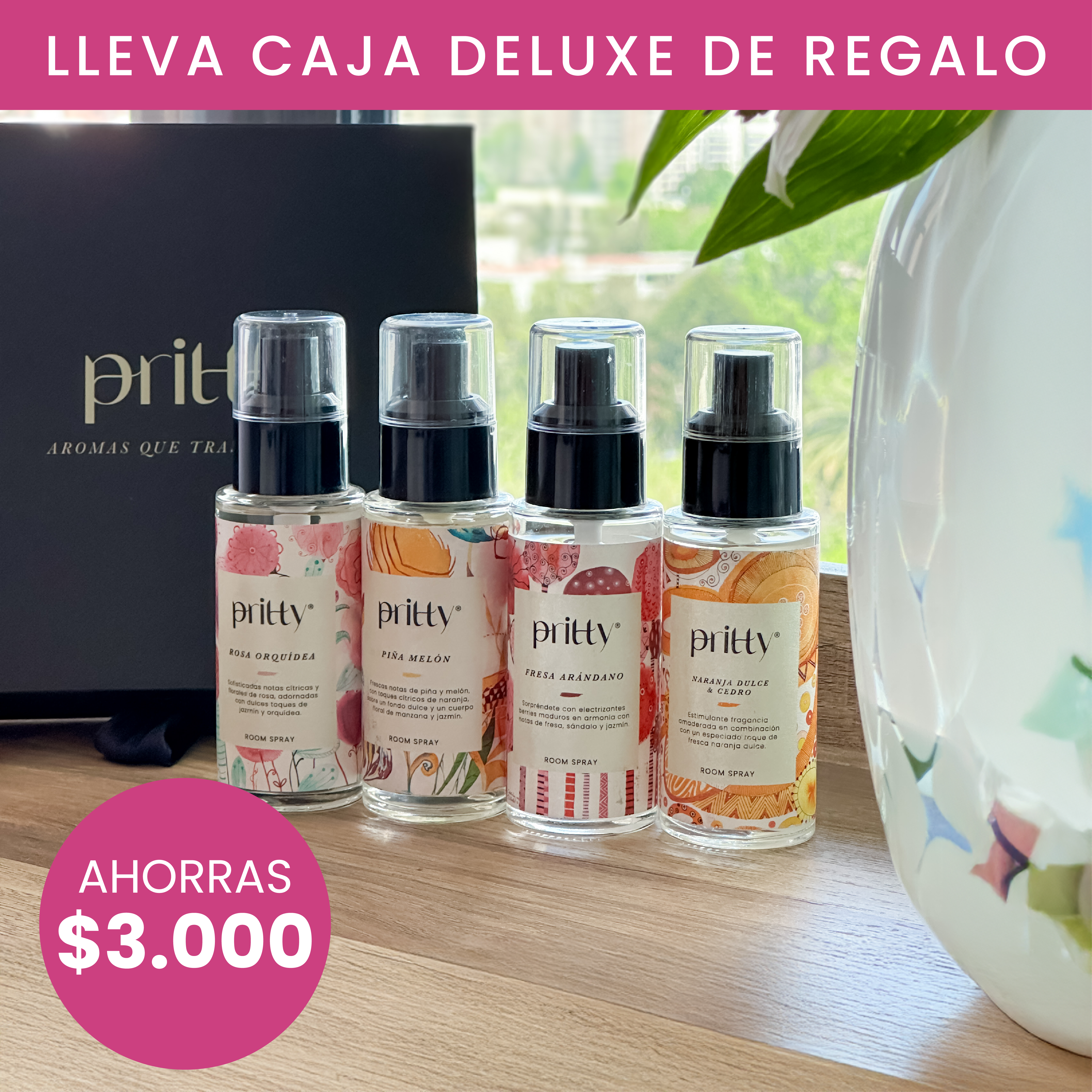 Set 4 Mini Room Spray Rosa-Piña-Fresa-Naranja con caja deluxe de REGALO!